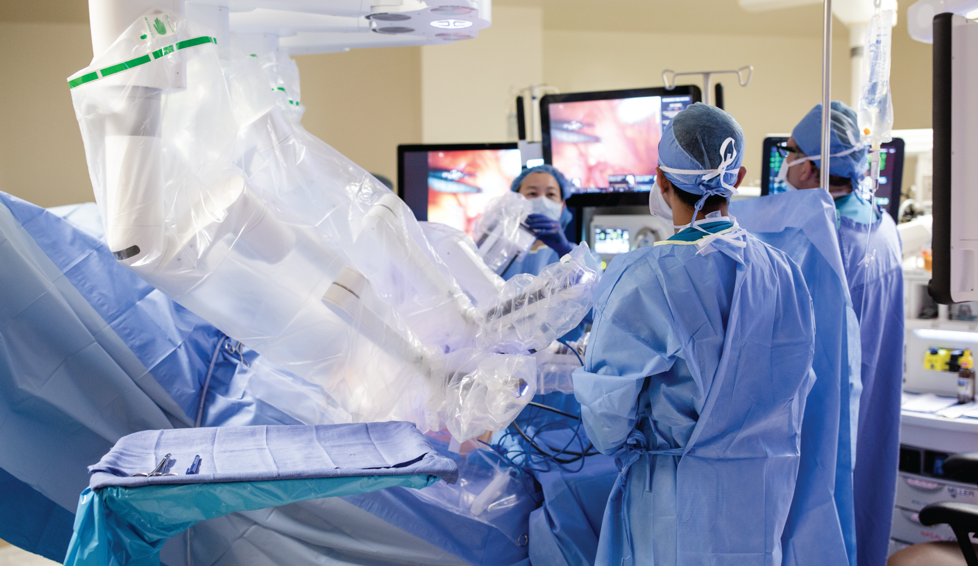 In the operating room during a robotic-assisted surgery.